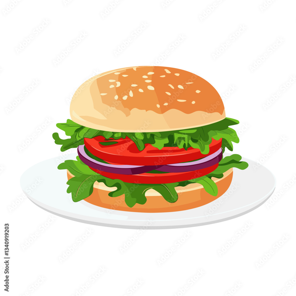 Hamburger in a plate illustration vector white vector Hamburger in a plate illustration vector white vector