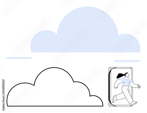 Person stepping out of a smartphone with cloud shapes, symbolizing technology, connection, and virtual possibilities. Ideal for innovation, cloud computing, digital transformation, mobile