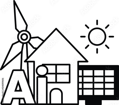 house with a windmill and a sun on top of it