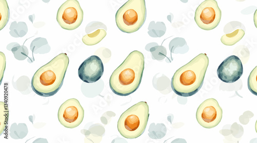 Avocado water color on white background seamless pattern, vector