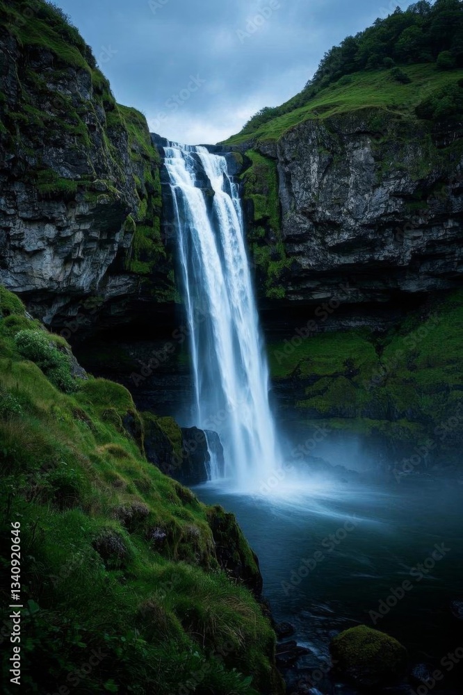 Obraz premium a close up of a waterfall with a green grass covered hillside