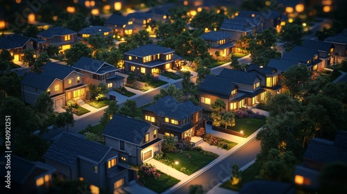 digital 3d illustration of an illuminated modern eco-smart residential community