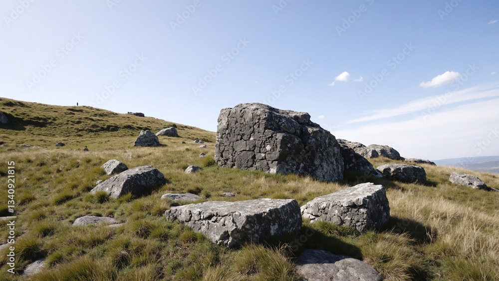 Fototapeta premium Grassland landscape is adorned with rocky formations highlighting juxtaposition of delicate grass and solid stone
