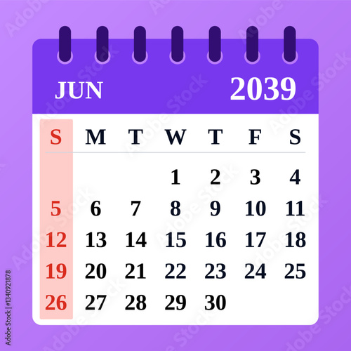 June 2039 Calendar Template. Ideal for vacation planning. Clean and stylish monthly planner. Vector illustration