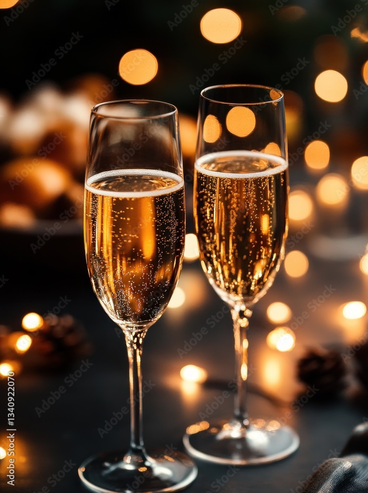 Elegant Champagne Glasses Surrounded by Bokeh Lights for Festive Celebration Elegant Champagne Glasses Surrounded by Bokeh Lights for Festive Celebration