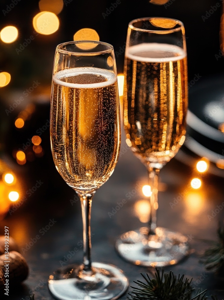 Champagne Glasses Surrounded by Bokeh Lights for Festive Celebration Champagne Glasses Surrounded by Bokeh Lights for Festive Celebration