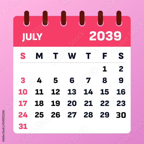 July 2039 Calendar Design. Great for event planning. Clean and minimal vector layout