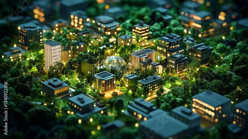 digital 3d isometric illustration of an illuminated eco-smart city at night