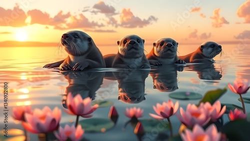 Playful Sea Otters Floating on Calm Water