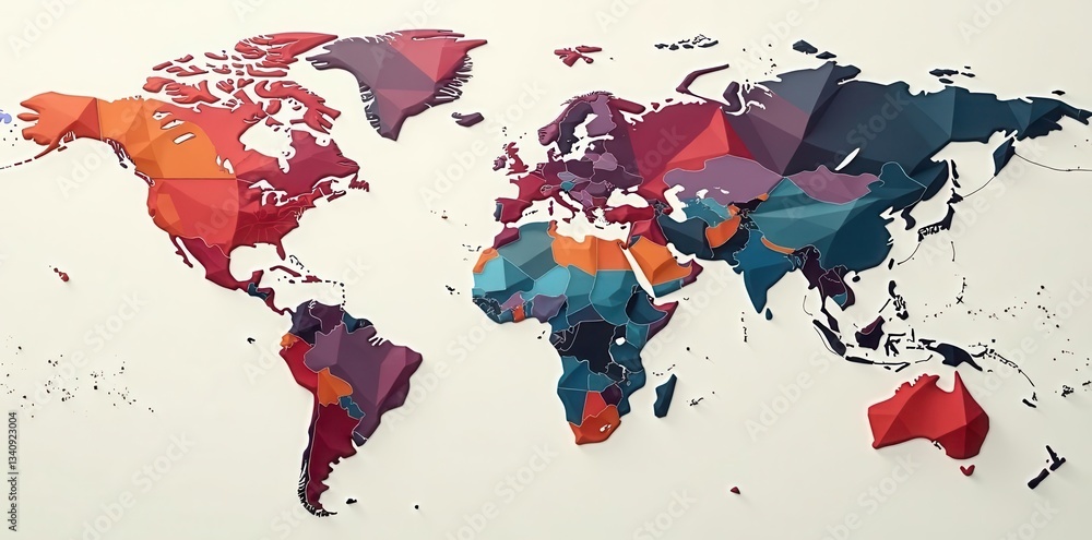 Obraz premium Abstract Polygonal World Map with Color-Coded Regions Showing Global Connectivity and Interdependence