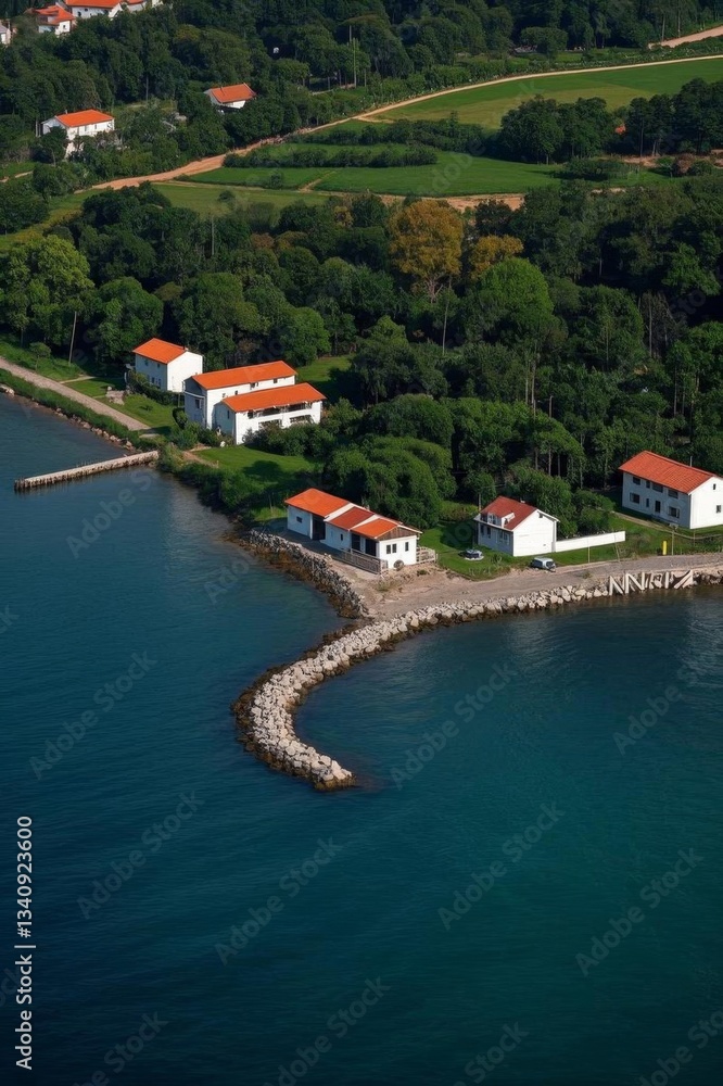 Fototapeta premium aerial view of a small island with a lighthouse and a house