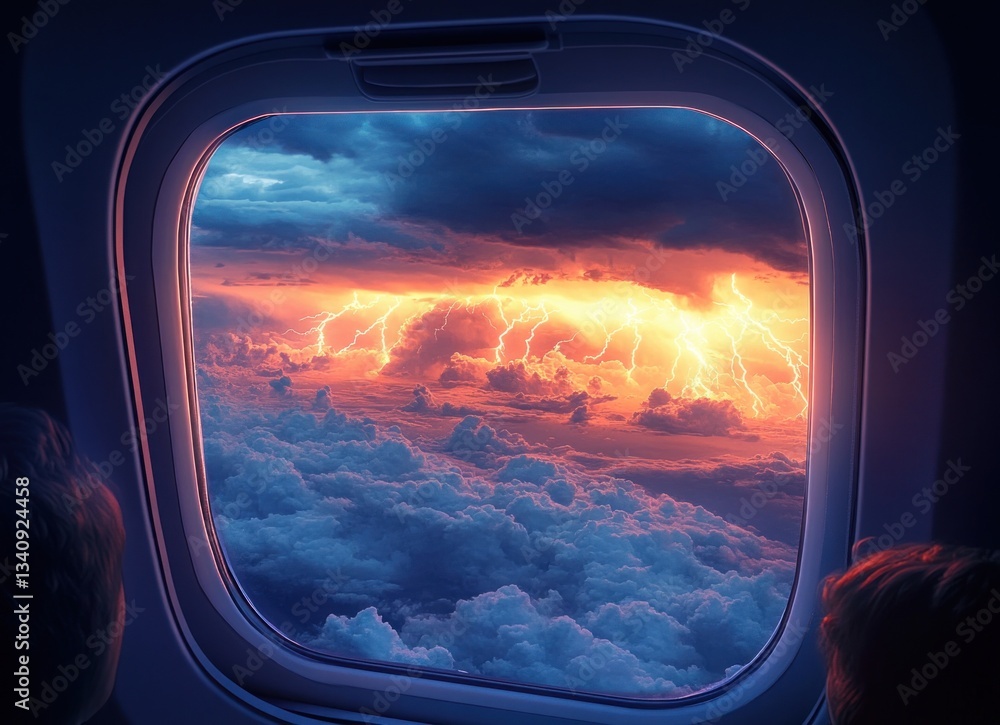 Fototapeta premium Dramatic Airplane Window View of Thunderstorm and Lightning