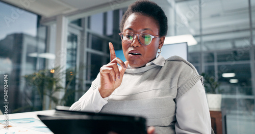 Photography Thinking, business and black woman with tablet in office for solution, insight and eureka in startup at night