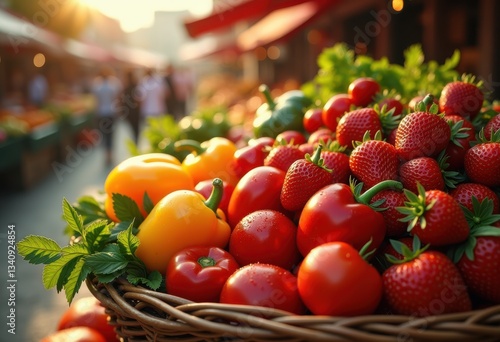 colorful fresh produce artfully displayed bustling market setting vibrant vegetables fruits, abundance, aesthetics, apples, arrangement, bananas, berries