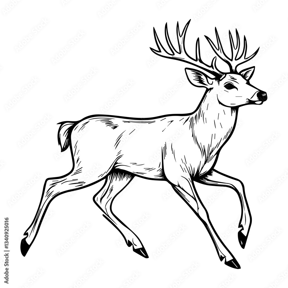Fototapeta premium Simple male deer running linear art illustration wildlife vector