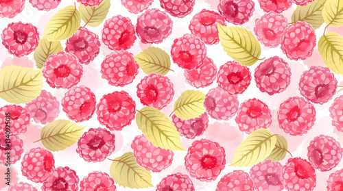 Watercolor pattern featuring raspberries white background
