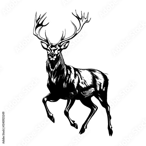 Simple black male deer full body running linear art illustration wildlife vector