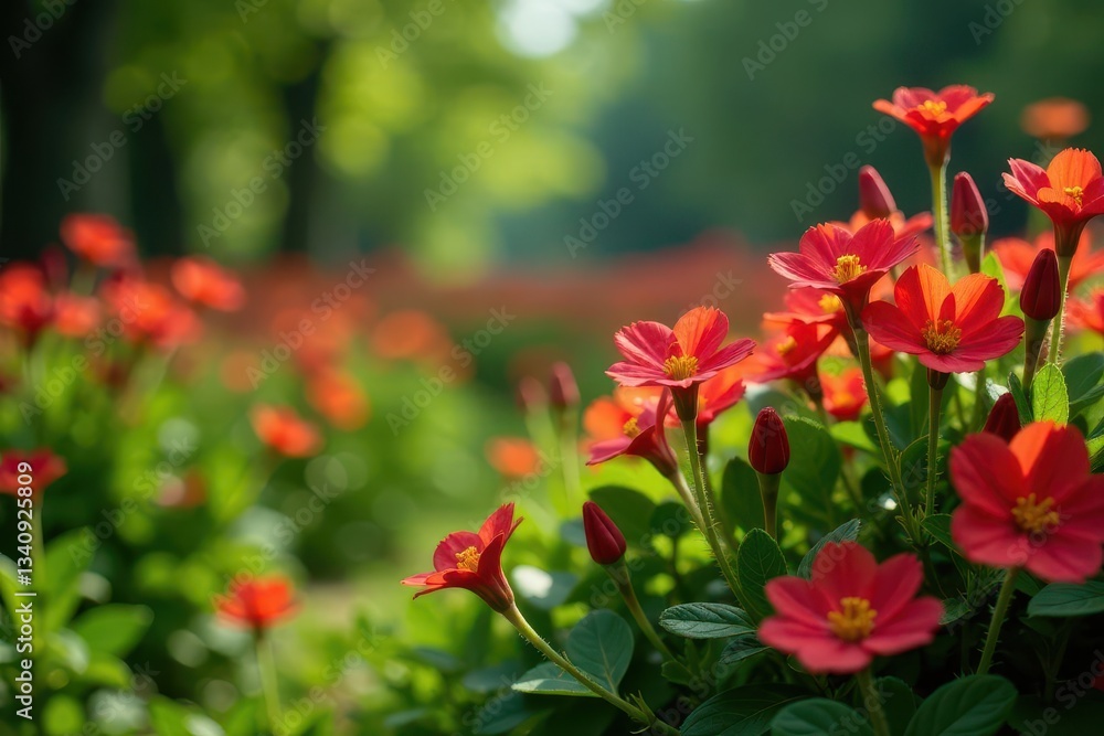 Vibrant red flowers blossoming in a lush green garden bathed in sunlight, creating a captivating natural scene of springtime beauty and serenity. Vibrant red flowers blossoming in a lush green garden bathed in sunlight, creating a captivating natural scene of springtime beauty and serenity.
