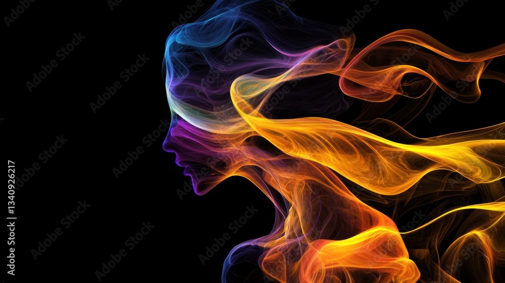 Abstract representation of a woman s profile, created with colorful smoke effects, symbolizing creativity and emotional depth, featuring vibrant shades of orange and blue Abstract representation of a woman s profile, created with colorful smoke effects, symbolizing creativity and emotional depth, featuring vibrant shades of orange and blue