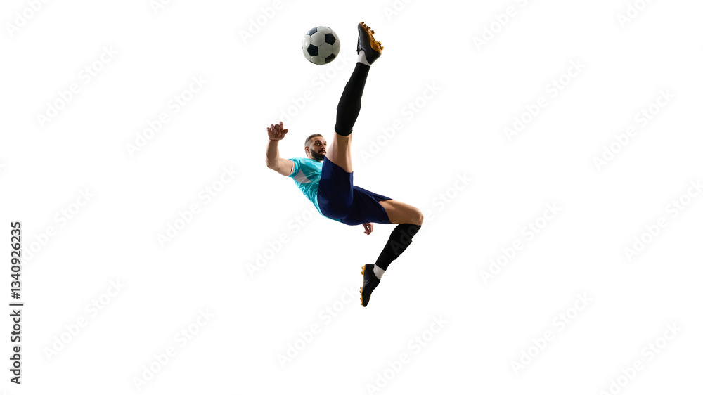 Mid-air acrobatic move by football athlete, executing stylish bicycle kick with perfect coordination, sending ball flying toward victory. Concept of excellence, precision, power, championship. Mid-air acrobatic move by football athlete, executing stylish bicycle kick with perfect coordination, sending ball flying toward victory. Concept of excellence, precision, power, championship.