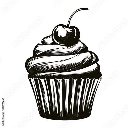 Simple cupcake cherry on top linear illustration dessert graphic vector