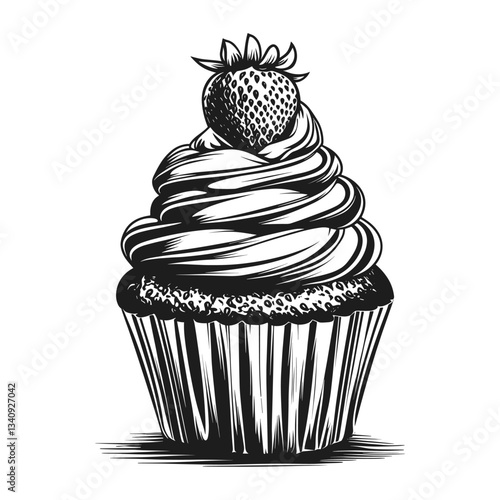 Simple vintage cupcake with strawberry on top linear illustration dessert black vector