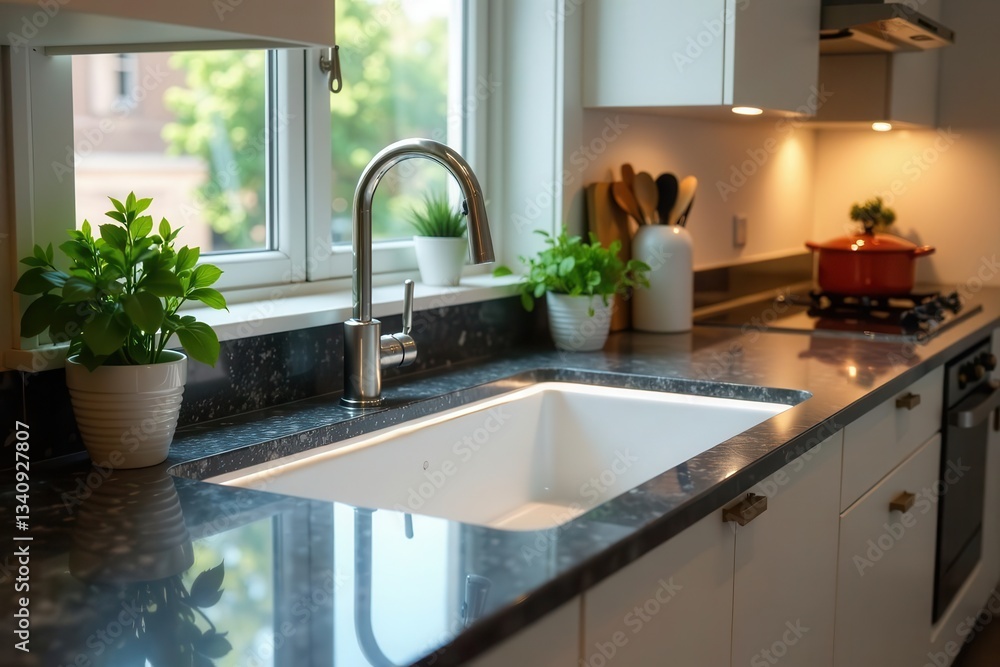Fototapeta premium Modern Kitchen Sink Design with Sleek Faucet and Granite Countertops