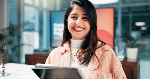 Photography Portrait, business woman and tablet in office as campaign designer and ads consultant