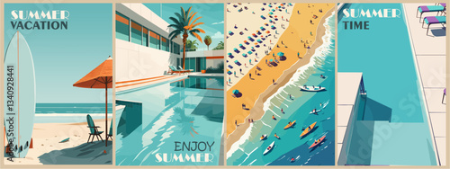 Set of summer vacation posters in retro style with pool, sea beach, palm trees. Colorful vector art illustrations