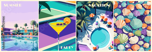 Set of summer vacation posters in retro style with pool, beach villa, palm trees, seashells. Colorful vector art illustrations