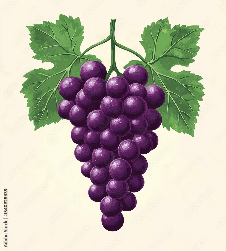 Fototapeta premium Juicy Purple Grapes on Vine with Green Leaves Minimalistic Illustration