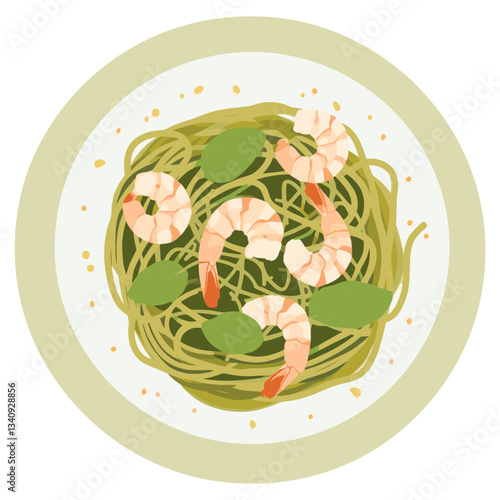 Shrimp pesto spaghetti seafood plate pasta vector