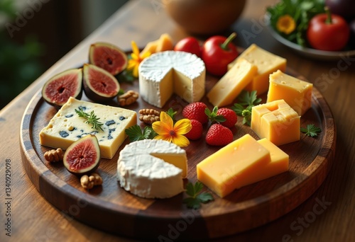 exquisite cheese platter arrangement showcasing diverse textures colors culinary presentation, appetizers, artisan, backdrop, beautiful, board, charm photo