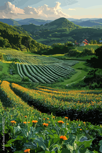 Vector illustration of lush farmland landscape with blooming fields, rolling hills, distant mountains, and picturesque rural scenery