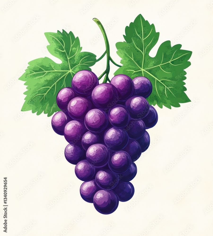 Fototapeta premium Purple Grapes with Green Leaves, Fresh Fruit, Vineyard and Winery Icon, Minimal Design, Healthy Eating, Organic Agriculture, Juicy Berry