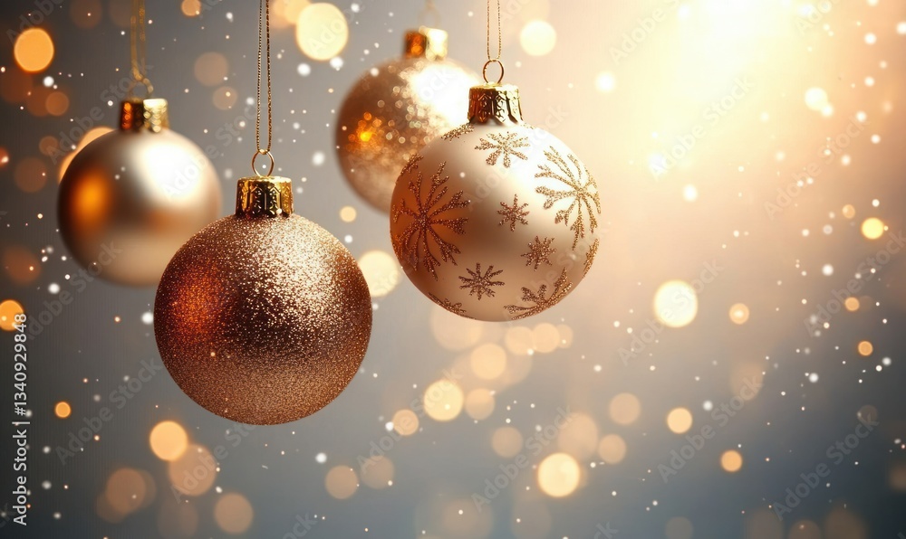 Elegant Christmas Baubles with Golden Snowflakes and Bokeh Background Elegant Christmas Baubles with Golden Snowflakes and Bokeh Background