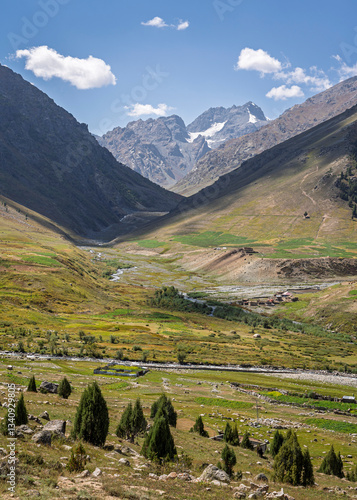 Vertical mountain landscape with rural village in Deosai National Park, Astore, Gilgit Baltistan, Pakistan photo