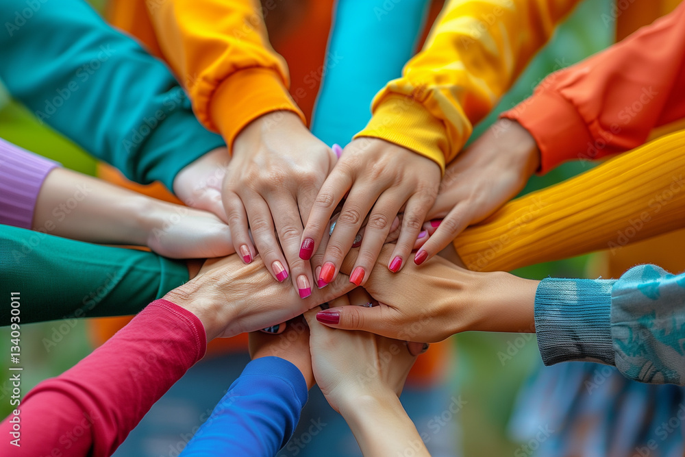 Fototapeta premium Stack of hands showing unity and teamwork