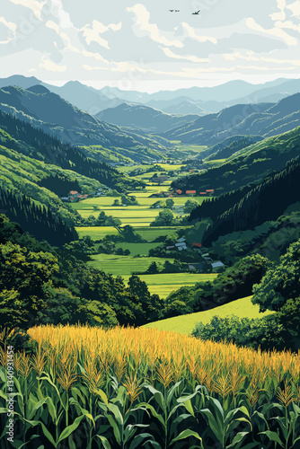 Vector illustration of a lush valley landscape with green fields, mountains, farmland, and a peaceful rural scenery