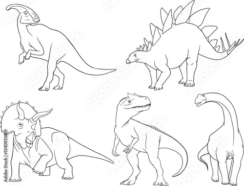 dinosaur set vector outline illustration, stegosaurus, giganotosaurus, triceratops, hadrosaurid, brachiosaurus. Coloring book page