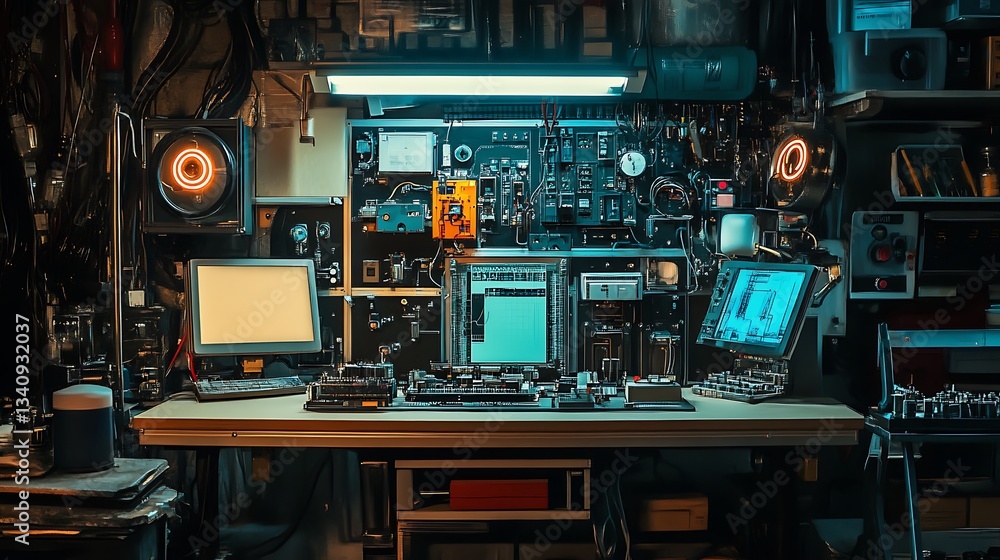 Complex Electronic Workstation with Computer Screens and Control Panels Complex Electronic Workstation with Computer Screens and Control Panels