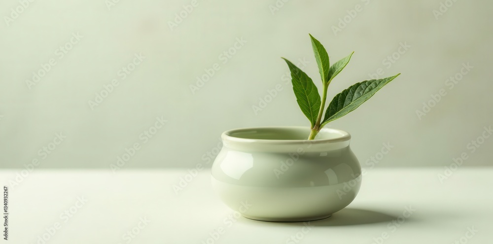 Serene Minimalist Still Life Featuring a Single Sprig of Lush Greenery in an Elegant Porcelain Vessel Serene Minimalist Still Life Featuring a Single Sprig of Lush Greenery in an Elegant Porcelain Vessel