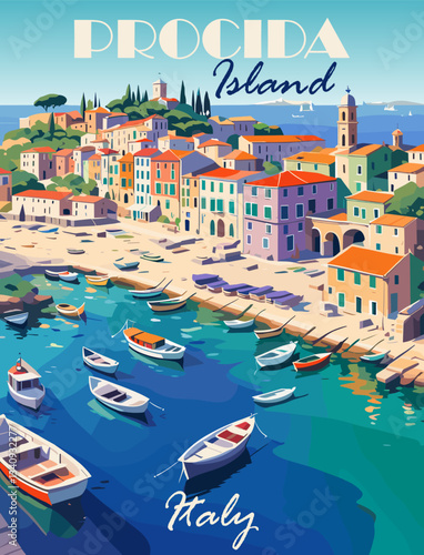 Procida Island, Italy travel destination poster in retro style. Colorful vector illustration