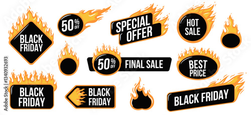 Black friday vector badges. Fire label set. Black flaming stickers.