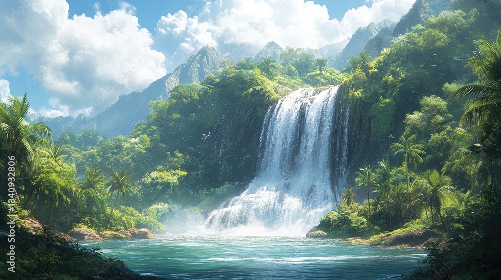 Fototapeta premium A serene tropical waterfall cascading into a crystal-clear lagoon surrounded by lush greenery and majestic mountains