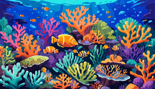Underwater life at sea or ocean bottom. Exotic undersea world with coral reef, seaweeds and aquatic habitats in depth. Colored flat cartoon vector illustration of scenic marine landscape or seascape