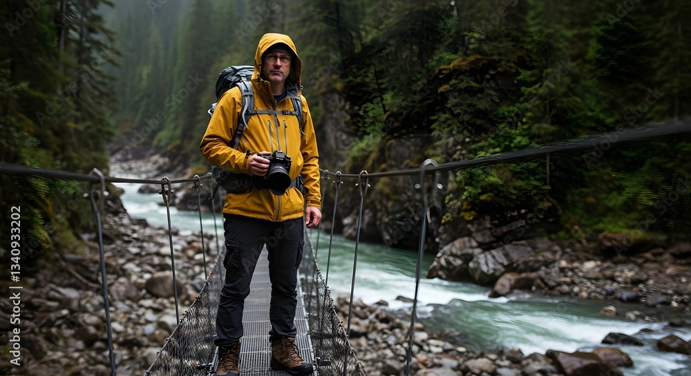 Adventure Photographer Crossing a Suspension Bridge in a Mountainous Landscape (Travel) Adventure Photographer Crossing a Suspension Bridge in a Mountainous Landscape (Travel)