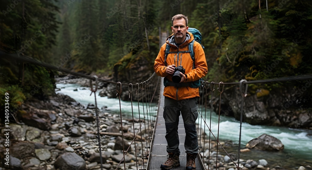 Adventure Photographer Capturing Scenic Views from a Suspension Bridge (Travel) Adventure Photographer Capturing Scenic Views from a Suspension Bridge (Travel)