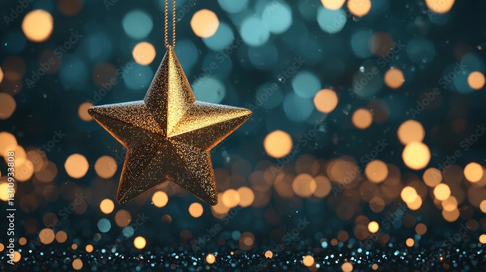 Golden Star Ornament Hanging Against Glimmering Soft Focus Lights for Holiday Celebrations and Festive Decor Golden Star Ornament Hanging Against Glimmering Soft Focus Lights for Holiday Celebrations and Festive Decor