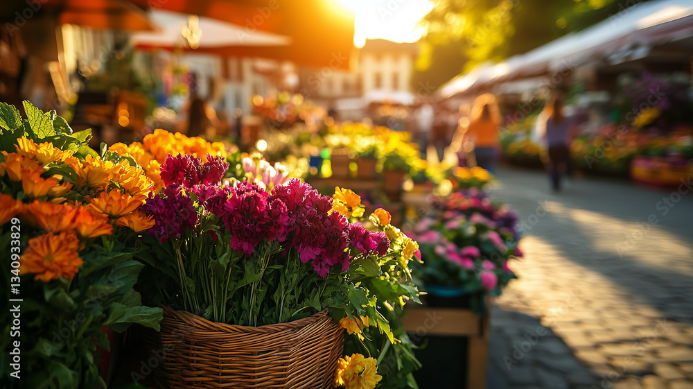 Fototapeta premium A vibrant farmers' market scene in a quaint town square, showcasing fresh summer produce, flowers and artisanal goods